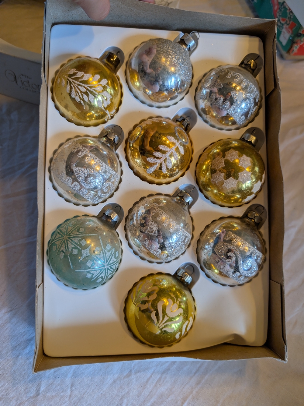 2/60$ Vintage Gold and Silver Holiday Glass Ornaments Set